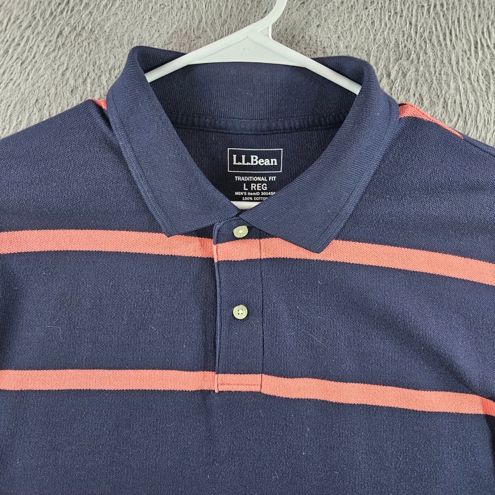 LL Bean Mens Large Traditional Fit Polo Shirt Navy Blue Coral Striped